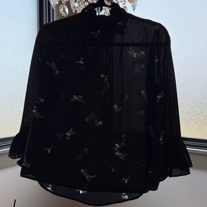 CeCe Black Floral Ruffle Neck Blouse Size M Bell Sleeve Sheer Top